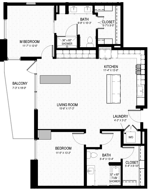 Floor plan for 2 beds, 2 baths, 1321 sqft